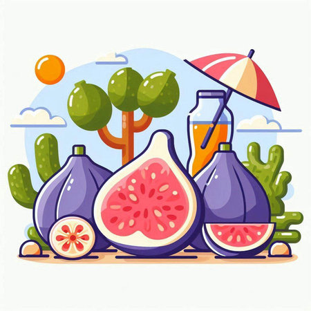 Figs and juice on the beach. Flat style vector illustration.のイラスト素材