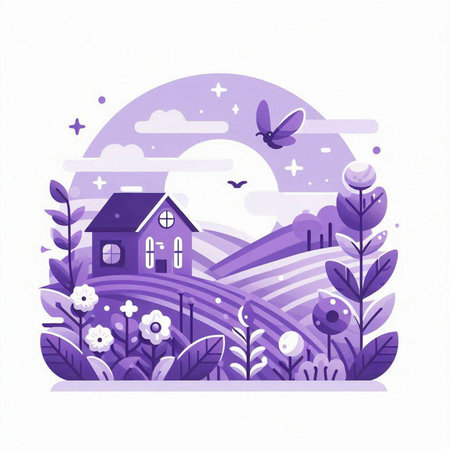 Vector illustration of a beautiful landscape with a purple house in the field.のイラスト素材