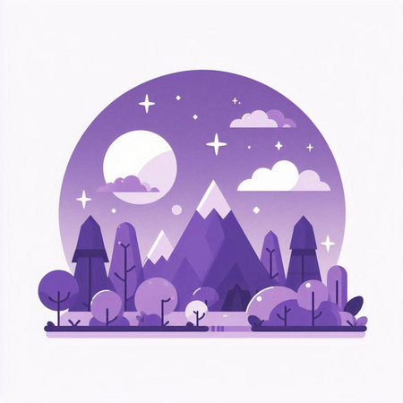 Landscape with mountains, trees and the moon. Vector illustration.のイラスト素材
