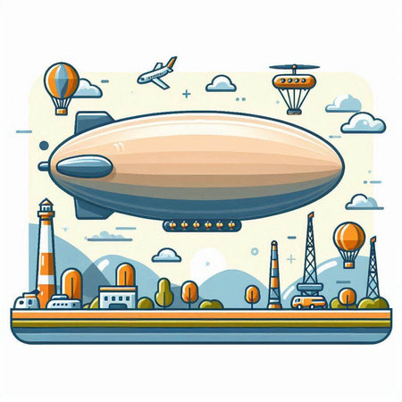 Airship in the sky. Vector illustration in flat cartoon style.のイラスト素材