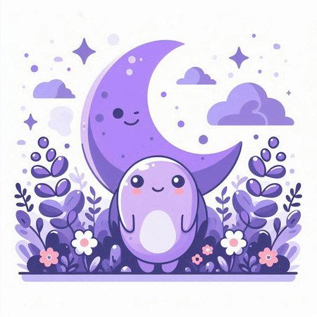 Cute little monster on the background of the moon and flowers. Vector illustration.のイラスト素材