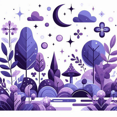 Vector illustration of forest landscape with flowers, plants, moon and stars.のイラスト素材