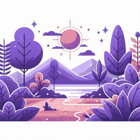 Landscape with mountains, river and forest. Vector illustration in flat styleのイラスト素材