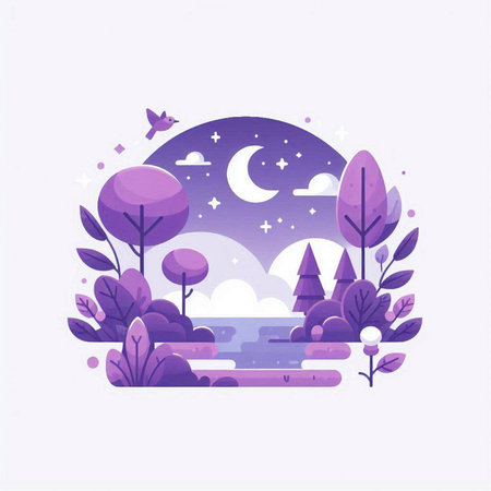 Landscape with forest, lake and moon. Vector illustration in flat styleのイラスト素材
