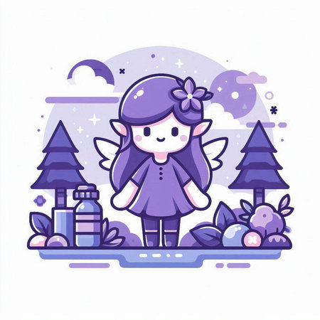 Cute little fairy girl standing in the park. Vector illustration.のイラスト素材