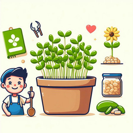 Gardening and farming concept. Cute cartoon character with seedling in pot. Vector illustration.のイラスト素材