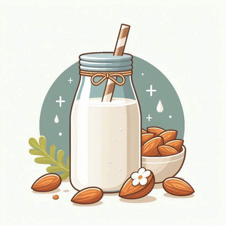 Almond milk in a glass jar with a straw and almonds. Vector illustration.のイラスト素材