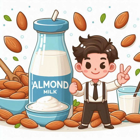 Almond milk and boy with almonds in cartoon style. Vector illustration.のイラスト素材