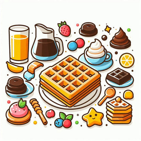 Vector illustration of Belgian waffles with chocolate, orange juicehmallows, cookies and candies.のイラスト素材