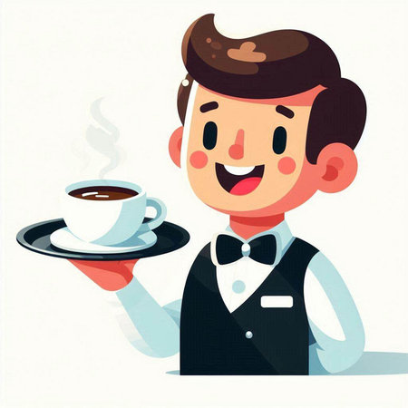 Illustration of a waiter holding a cup of coffee and smiling.のイラスト素材