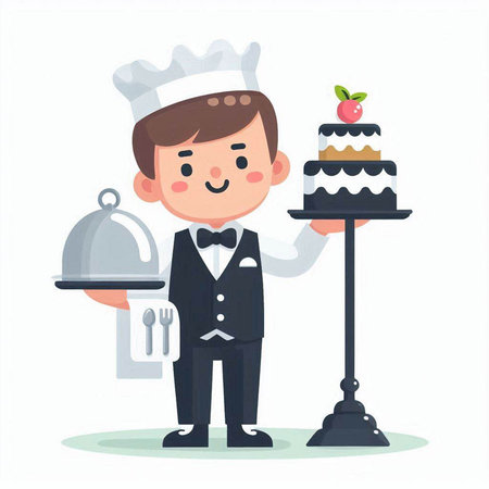 Cartoon chef holding a tray with a piece of cake. Vector illustration.のイラスト素材