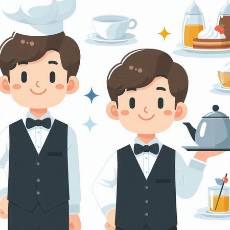 Illustration of a Cute Waiter Serving a Cup of Teaのイラスト素材