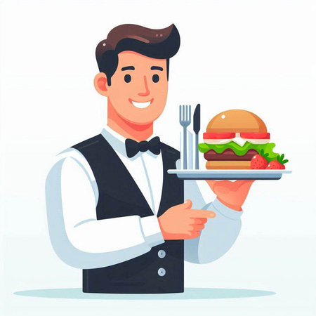 Handsome waiter holding plate with hamburger. Vector illustration in cartoon styleのイラスト素材