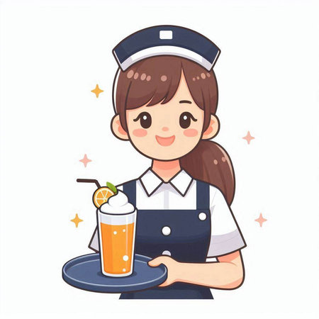 Cute girl chef with a glass of orange juice, vector illustrationのイラスト素材