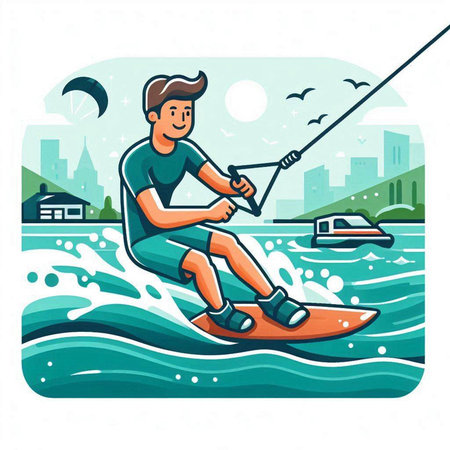 Man on wakeboard surfing in the city. Vector illustration in flat styleのイラスト素材