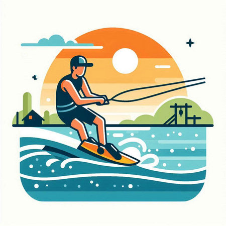Water sports - wakeboarding. Man on the water. Vector illustrationのイラスト素材