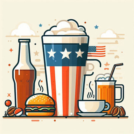 Vector illustration of american flag in disposable cup with drink and food.のイラスト素材