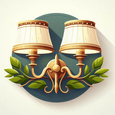 Vintage wall lamp with green leaves on light background. Vector illustration.のイラスト素材
