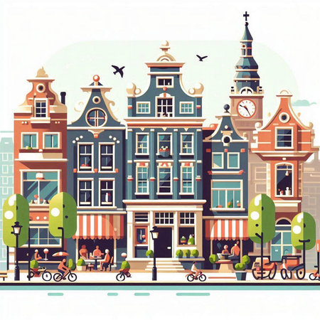 Amsterdam street with houses, cafes and people. Vector illustration.のイラスト素材