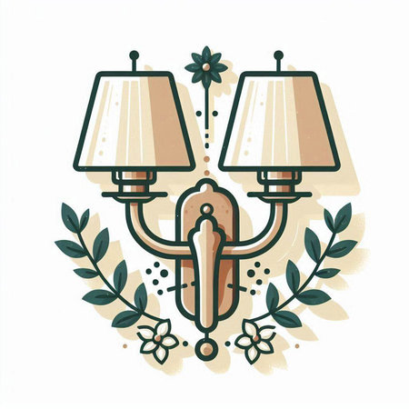 Vector illustration of a vintage wall lamp in a wreath of leaves.のイラスト素材