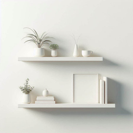 White bookshelf with plants on the wall. 3d renderingのイラスト素材