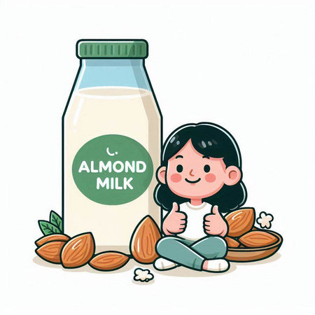 Illustration of a Kid Girl Sitting Next to a Bottle of Almond Milkのイラスト素材