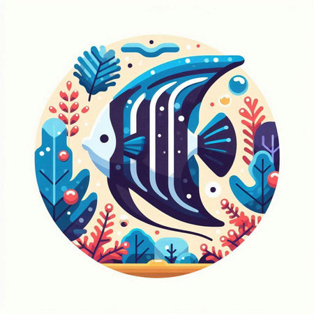 Colorful vector illustration of a tropical fish in a round form.のイラスト素材