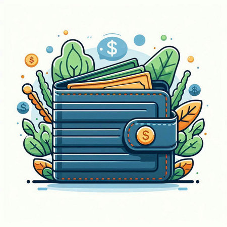 Wallet with money and leaves. Vector illustration in flat cartoon style.のイラスト素材
