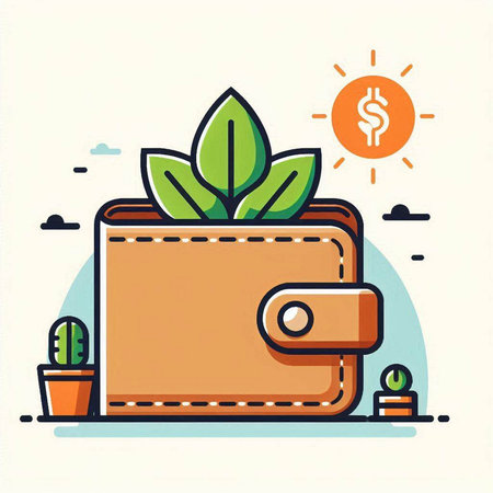 Vector illustration of wallet with money and plant. Flat style design.のイラスト素材