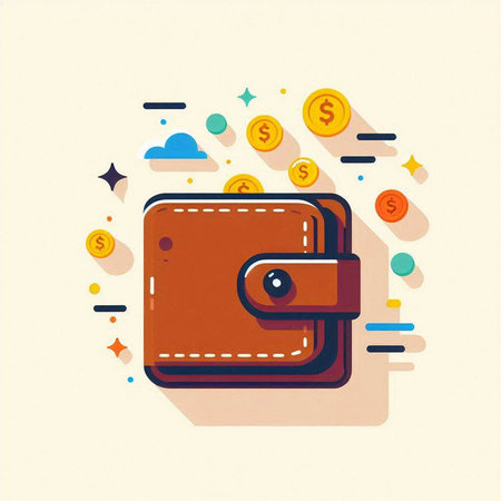 Wallet with coins. Vector illustration in flat linear style. Money concept.のイラスト素材