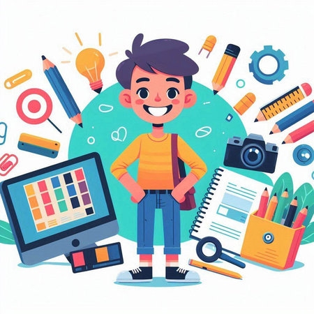 Boy with school supplies. Back to school concept. Flat vector illustrationのイラスト素材