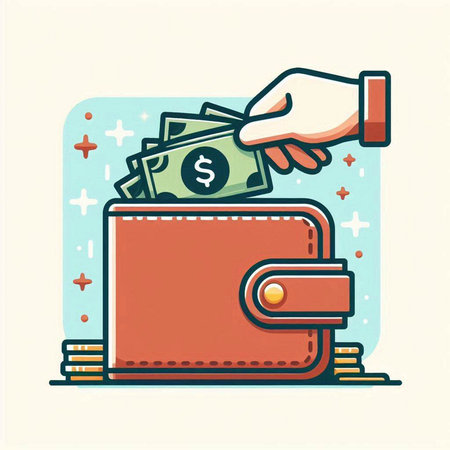 Vector illustration of a hand holding a wallet with money in it.のイラスト素材