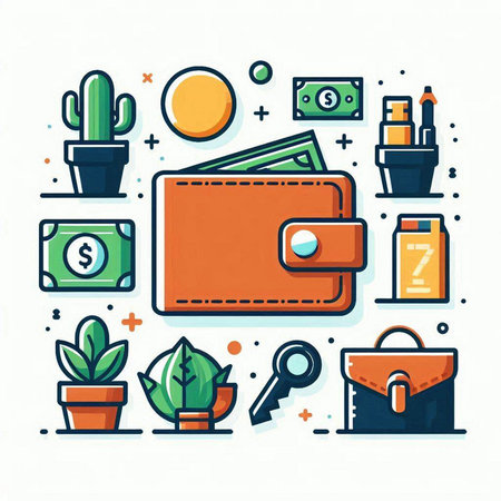 Flat line icons set of wallet, money, cactus, briefcase, flash drive. Modern vector illustration.のイラスト素材