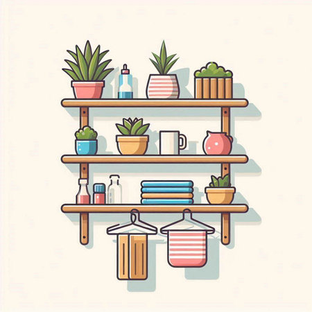 Vector illustration of a shelf with different houseplants and kitchen utensilsのイラスト素材