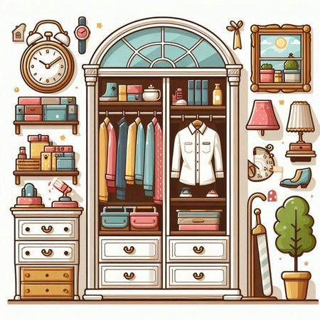 Wardrobe with furniture and accessories. Vector illustration in cartoon style.のイラスト素材