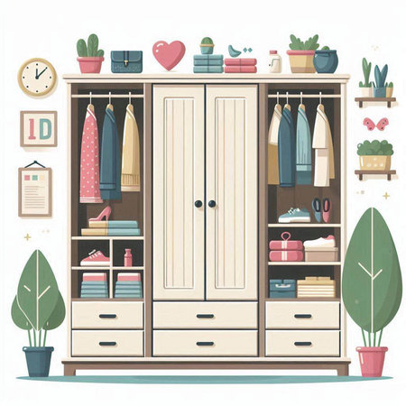 Wardrobe with clothes and accessories. Vector illustration in flat style.のイラスト素材