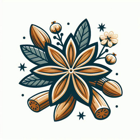 Cinnamon, star anise and leaves. Hand drawn vector illustration.のイラスト素材