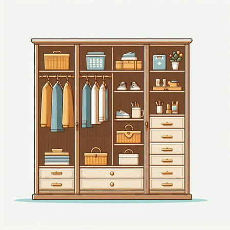 Closet of wardrobe with clothes and accessories. Vector illustration.のイラスト素材