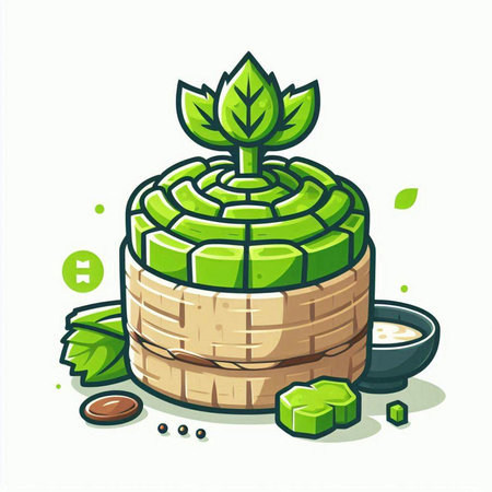 Illustration of a green tea plant in a bamboo pot with soy sauceのイラスト素材
