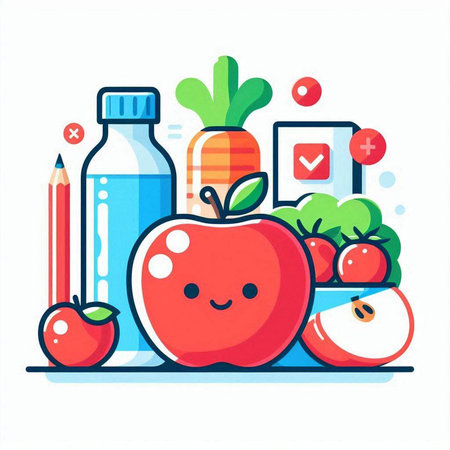 Fruit and vegetable healthy food. Apple, apple, carrot, tomato, cucumber, apple, apple, water bottle. Vector illustration in flat styleのイラスト素材