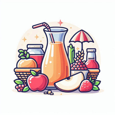 Fresh juice in a glass, fruit and berries, vector illustration.のイラスト素材