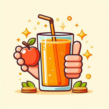 Orange juice in glass and hand with thumbs up. Vector illustration.のイラスト素材
