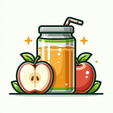 Apple juice in a glass jar with a straw. Vector illustration.のイラスト素材