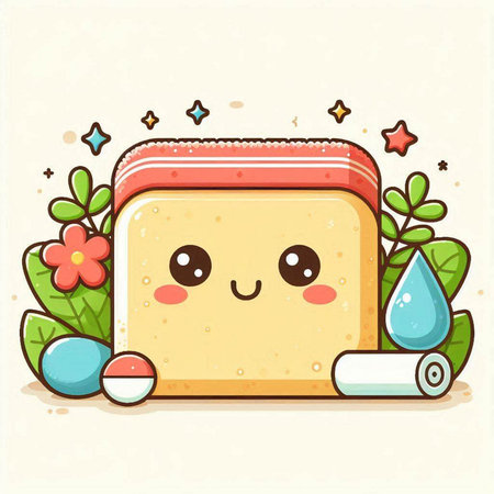 Illustration of cute kawaii sponge cake with flowers and eggsのイラスト素材