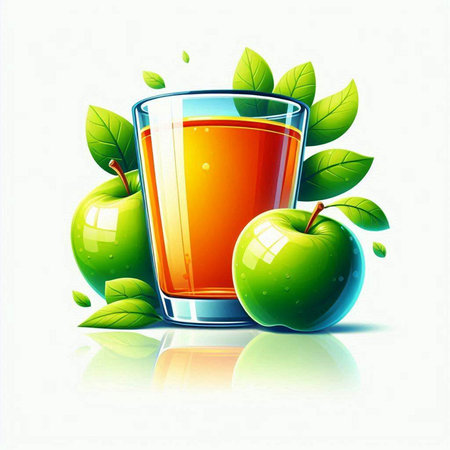 Glass of apple juice with green apples and leaves on white background.のイラスト素材