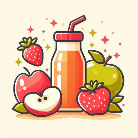 Fruit juice in a glass bottle with a straw, apples and strawberries. Vector illustration.のイラスト素材
