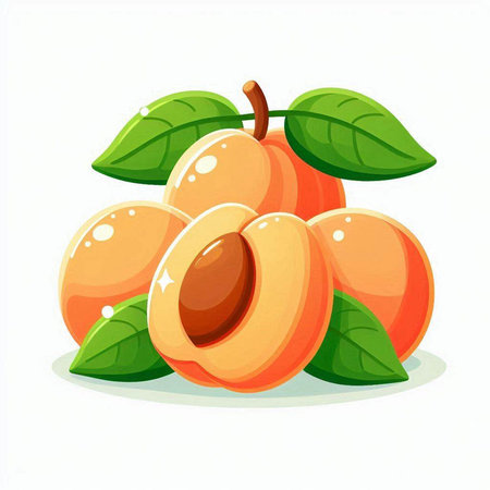 Apricot fruit with leaves isolated on white background. Vector illustration.のイラスト素材