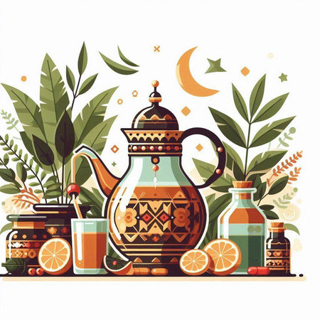 Vector illustration of teapot, cup of tea, cinnamon, lemon and leaves.のイラスト素材