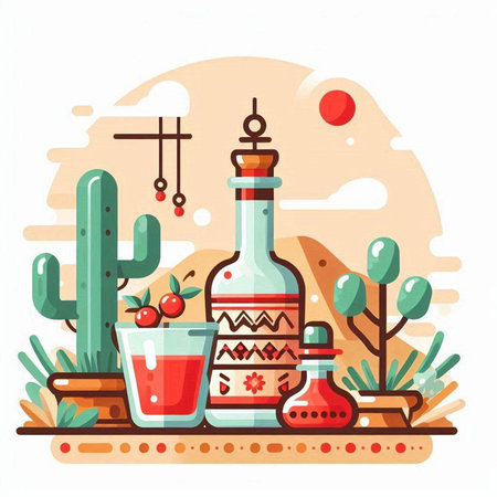 Mexican culture vector illustration with tequila bottle, tequila glass, cactus and desert landscape. Mexico culture conceptのイラスト素材