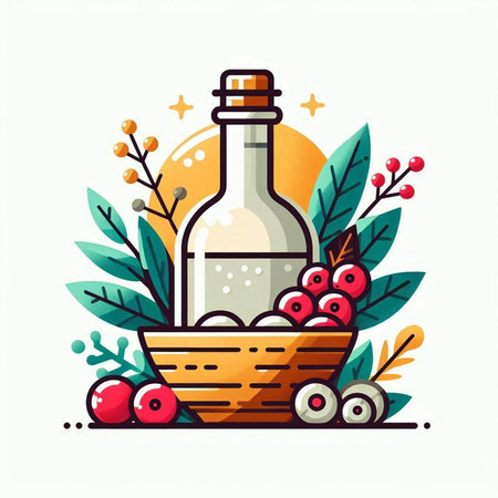 Bottle of wine in a basket with berries and leaves. Vector illustration.のイラスト素材